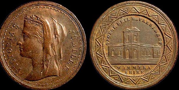 1887 Victoria Jubilee Wimmerashire
 1887 Wimmerashire Commemoration of Victoria's Jubilee, George Bell President. This is not a recorded medal in BHM hence Quite Rare.

Copper/bronze 10.7gms 32 mm
