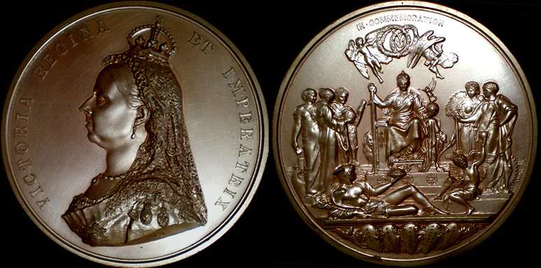 1887 Golden Jubilee by L. C. Wyon
 This is the Official Royal Mint medallion issued to commemorate Queen Victoria's Golden Jubilee in 1887. Bronze, 77mm diameter, 190 gms., Mintage of only 4257 pieces, struck in high relief. British Historical Medals # 3219

The medal was engraved by L. C. Wyon after the portrait bust of Sir J. E. Boehm and the reverse design of Sir Frederick Leighton. the reverse shows a figure representing the British Empire enthroned with the sea as background. The other figures represent Commerce, The genius of Electricity and Steam, Industry and Agriculture, Science and Letters and Art. The shields below bear the names of the 5 continents over which the British Empire extends. The medal is virtually as struck and is in it's original Royal Mint plush-lined case of issue. Included was a photocopy of the card insert issued originally with the medal which describes in detail the design and meaning of the reverse.

