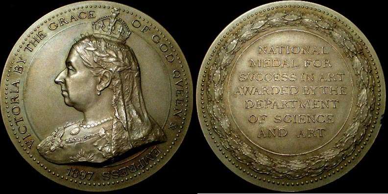 1898 Victoria Arts and Science Award
Bronze 51 mm 86.5 gms Edge marked with the Award winners name Thomas Smith, Subject 22A 1898 and with it's original box. Like the Young Head version, this was minted in one year but given out over others.

