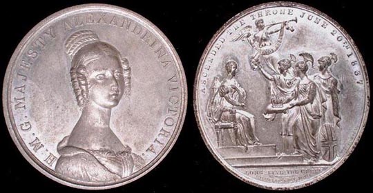 1837 Ascension
White Metal by J. Davis
51 mm 42.6 gms Rev on ribbon "Englands Hope"
BHM #1757 Rarity "R" Rare
Britannia, Scotia and Hibernia Standing offering a wreathand scroll to Victoria seated left.
.
