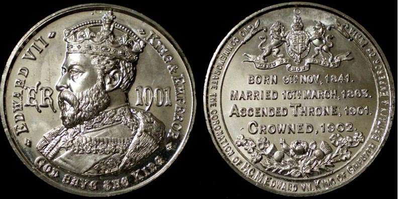 1902 Edward VII Coronation by A. Fenwick
BHM # 3843 38 mm 14.8 grams White Metal
