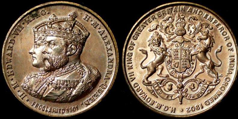 1902 Edward VII Coronation by A. Fenwick
Pattern in Copper Not in BHM 32mm  7.7 grams
