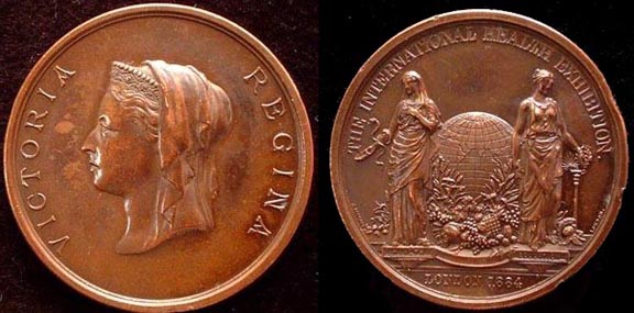 1884 International Heath Expo
Copper 45mm 55gms by L.C. Wyon
 
Obv. Diademed Veiled head of Queen Victoria

Rev. Two figures symbolizing Health and Education standing before a globe
BHM 3175
