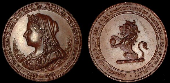 1897 Victoria Lancaster Award Presentation
British Historical Medals # 3546

Bronze 24.5 gms38mm Rarity "R" Rare.

There are 6 names etched into the reverse field, could be an interesting story behind this. George, Mary, Joseph, James,  Something like Uyna M Dammud.
