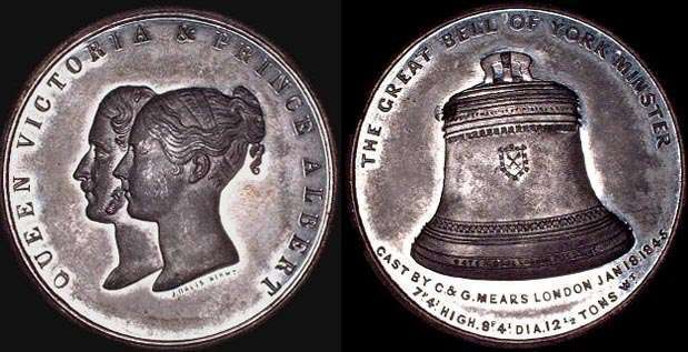 1846 Great Bell of York Minster
White metal medal, conjoined heads of Prince Albert & Queen Victoria left, reverse has the Great Bell of York Minster, and details of its casting in 1845, medal manufactured by J Davis, diameter 44mm,reference BHM 2222 (described as very rare) "RR"
