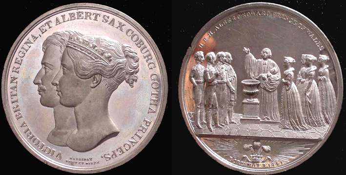 1841 Birth of the Prince of Wales by T. Halliday

Prooflike White medal ( Only Metal type minted ) BHM#1992 Rarity "R" Rare. 45mm. 57.3 gms.

Obv. Conjoined heads of Victoria and Albert left

rev. depicts a clergyman holding the infant Prince before a font with Victoria and Albert in attendance, accompanied by 6 members of the congregation.

 Albert Edward (1841-1910), later Edward VII. Born at Buckingham Palace, 9 November 1841. The birth of the Prince was greeted with much joy by the people since there had been no male heir born to a monarch since the birth of George the IVth in 1762. Large crowds gathered outside the palace and a salute was fired. A record of the event is to be found in the 'Gentlemen's Magazine' 1841. Vol II P. 643. The Prince was decreed Prince of Wales by patent under the Great Seal of 4 December 1841.
