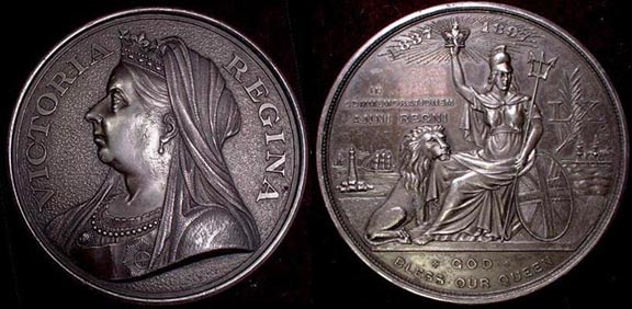 1897 60 th Year of Reign Commemorative
BHM 3581 "RRRR" Eimer-1814 & Bro-3581.

78mm Cast Lead , listed in BHM as copper bronze only.

no initials.

Rev. shows designs used throughtout
her reign, Possible Pattern Piece 
