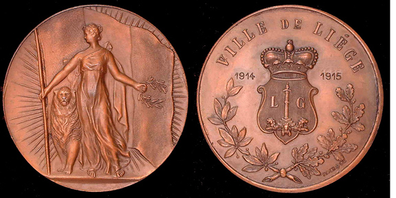 1915 Belgian Campaign, Liege
World War 1 

 Copper/bronze signed by Fisch &Cl 50mm 44 grms.
