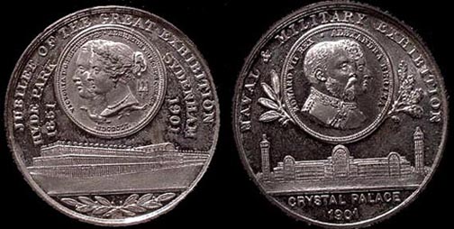 1901 Naval Military Exhibition
White Metal 17.2 Grms 39 MM BHM # 3734 Rarity,"N" Normal rarity

Conjoined heads of Edward and Alexandra over the Crystal Palace.

Jubilee of the Great Exhibition 1851,  Hyde Park Syndnham 1901, Conjoined head of Victoria and Albert over the Crystal Palace.

A fete was also held on Saturday the 21st in conjunction with the Exhibition, the proceeds being donated to the Soldiers and Sailors Association. The tickets werealso issued which entitled the holder to a reduced fee on the Brighton and South Coast Railway and South Eastern and Chatham Railway.



