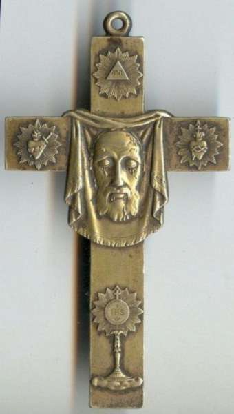 Holy Cross of Jesus and Veronica's Veil with symbol of Trinity, Sacred Hearts and Monstrance
