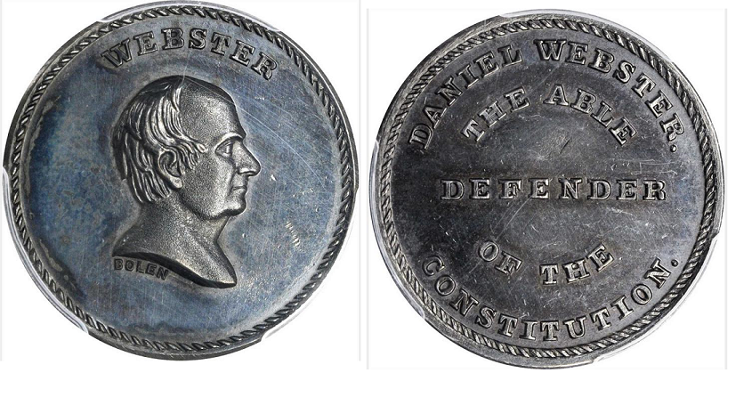 JAB-29 DANIEL WEBSTER MEDAL Silver
25mm - 2 struck by Bolen

Both dies were cut in 1867 and sold to J.W. Kline in 1872. They are currently in the ANS collection.

According to the AJN list, Bolen struck 3 examples in Silver.  Bolen states he struck two.   Kline also struck a few examples in this metal. It is fairly easy to tell the restrikes from the originals. The originals are 2.2 to 3.0 mm thick. The restrikes are only 1.5 to 2.0 mm in thickness. 

The example pictured is a Kline restrike, graded MS-63 by PCGS.  It sold for $1200 in their March 2020 sale, lot 99.  The same piece was graded Au in their January 2011 Sale.  One has to go back to 1984 to find another sales record for a Silver JAB-29 piece.



