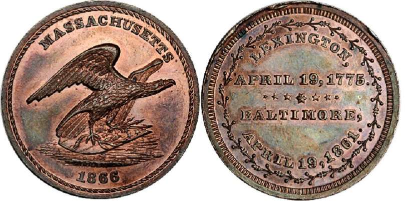 JAB-22 MASSACHUSETTS HISTORICAL MEDAL Copper
28mm - 14 struck by Bolen

The dies were cut in 1866 and sold to Kline. The obverse die recently appeared in a Sept. 2010 stacks auction, lot 6249. 

Bolen struck 14 examples in copper. Kline also struck a few examples in this metal. It is fairly easy to tell the restrikes from the originals. The originals are 2.2 to 3.0 mm thick. The restrikes are only 1.5 to 2.0 mm in thickness.  The example pictured is 2.0mm thick.

A Choice Uncirculated piece with nice toning sold for $870 in a January 2011 Stacks auction, lot 6609.  A NGC-55 example sold for $690 in a January 2013 EBAY auction by CWTGUY.


Keywords: Massachusetts, Bolen, Lexington, Baltimore