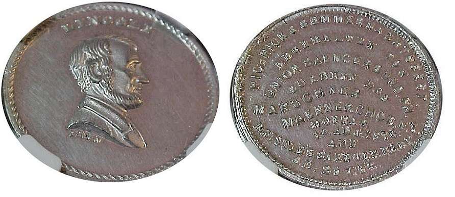 Mule JAB K-14 LINCOLN / PIC-NIK & SOMMERNACHTSFEST Tin
25mm - An unknown number struck by Kline

The obverse die was cut in 1867 and was sold in a 2008 Heritage sale.  The reverse die is unaccounted for.  It reads:  PIC-NICK & SOMMERNACHTSFEST / ABGEHALTEN VON / UNION SAENCERBUND, PH. / ZUEHREN DES / MARSCHNER / MAENNERCHOR, N.Y. / MONTAG / SAENGER PARK / AD. 25 CTS.  Listed as King 612 and Rulau NY NY-250.  It is also incorrectly listed in Adams as PA-399.

The example pictured is EX Bowers, Litman, and Miller.
Keywords: bolen, lincoln, 