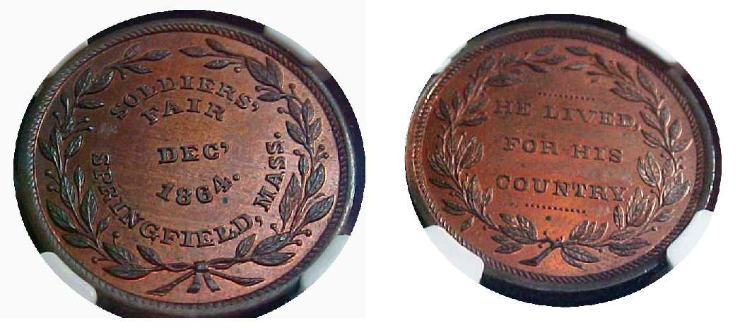 Mule JAB W-03 SOLDIER'S FAIR / HIS COUNTRY   Copper
28mm - Unknown number struck

Both dies were cut in 1864 and sold to A.R. McCoy of New York. They are currently unaccounted for.

This mule consists of the reverse of JAB-13 combined with the reverse of JAB-16.  The piece pictured was sold in the August 2013 Stacks sale.
