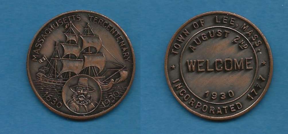POND 08 - MASSACHUSETTS TERCENTENARY - LEE
32mm - Bronze
Approximately 3000 struck by the Cammall Badge Company
