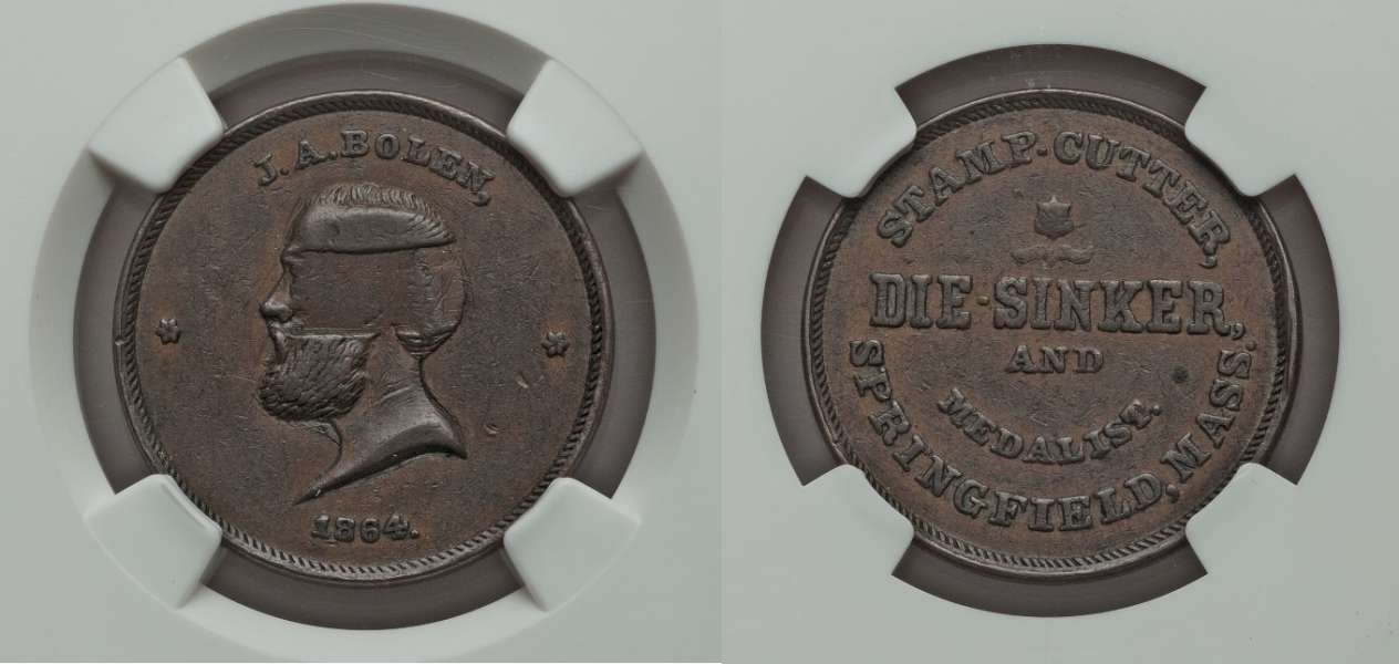 JAB-12 1864 BOLEN CARD Copper #4
28mm - 25 struck

Dies cut in 1864. Bolen destroyed all the copies he could re-obtain, along with the dies. This is one of the "Destroyed" examples. The previous lot shows a "Destroyed" example that is counterstamped with JAB's monogram in the obverse field. If Bolen was so dissatisfied with his likeness on this Medal, I am curious as to why he left destroyed examples around for future collectors and even went through the effort of counterstamping at least one of the destroyed examples with his initials.

Destroyed examples are occasionally cherry-picked for decent prices from those that do not understand what they are selling.  When sold at public auction, even damaged examples can bring decent prices.  A "Damaged" xf example sold for $385 in lot 257 of Steve Hayden's July 2009 auction.  Undamaged examples command a steep premium.  CWTGUY sold a NGC-65 example for $844 in a January 2010 EBAY auction.  A MS-63 example sold for $700 in Steve Hayden's January 2015 auction, lot 154.  A NGC-64RB example sold for $1527.50 in the June 2017 Stacks sale.  The piece had pronounced wear to Bolen's ear and hair and was far from uncirculated, in my estimation.

This piece has been listed as Springfield, Mass. Civil War Token MA760A-7a in the new CWTS Storecard book.  The latest auction record probably indicate that the piece is rapidly rising in value, as CWT collectors attempt to obtain the very limited number of examples available.  If you come across a reasonably priced example, I recommend you take advantage of the opportunity.   
