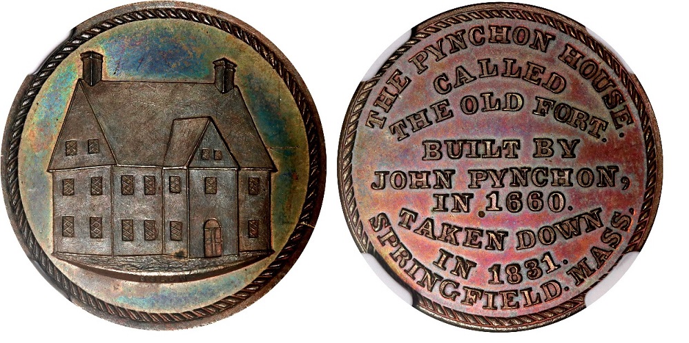 JAB-39 Pynchon House Medal Copper #2
95 Struck in Copper
Dies cut in 1881. They were sold for $2530 in the January 2011 Stacks auction of the Q.D. Bowers collection.

The Pynchon House was built in 1660 by Major John Pynchon, son of the city's founder. It earned the name "The Old Fort" when the town's residents took refuge inside from an Indian attack. It's sturdy brick walls provided protection when all the other wooden dwellings in town were destroyed by fire. Bolen's medal commemorates the 50th anniversary of the demolition of the building.

A PCGS-66 example sold for $408 in the Stacks November 2021 sale, lot 10246.  The example pictured is from Bolen's personal collection and is edge lettered "B".  It sold for $840 in the Stacks June 2022 Sale, lot 4042.

