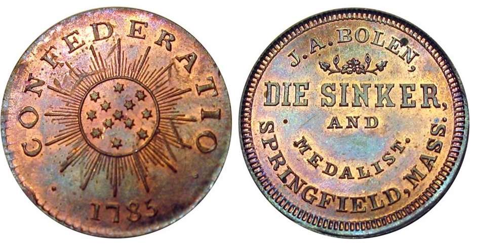 Mule JAB M/E-11 SMALL STAR CONFEDERATION / BOLEN DIE SINKER CARD   Copper 
Unknown number struck by Mason or Edwards

This mule consists of the reverse of JAB-08 combined with the reverse of JAB-05.  The Confederatio die was cut in 1863 and is believed to have been destroyed.  The storecard die was cut in 1864 and sold to Mason, to Edwards, to Cogan, possibly to Bushnell, and finally to the Chapman's.  It is currently in the ANS collection.

This piece was acquired in the January 2015 Hayden auction, lot 648, where it was described as follows:  "Very rare, Musante lists just three auction records in Copper including this piece, the other two are more than 100 years ago.  From the Steve Tannenbaum, John Ford and Virgil Brand (inv# 63489-8) collections, earlier from Bowers & Ruddy's October 1982 sale."  Expect to pay over $2000 to add an uncirculated example to your collection, should you be fortunate enough to have one come up for sale during your lifetime.
