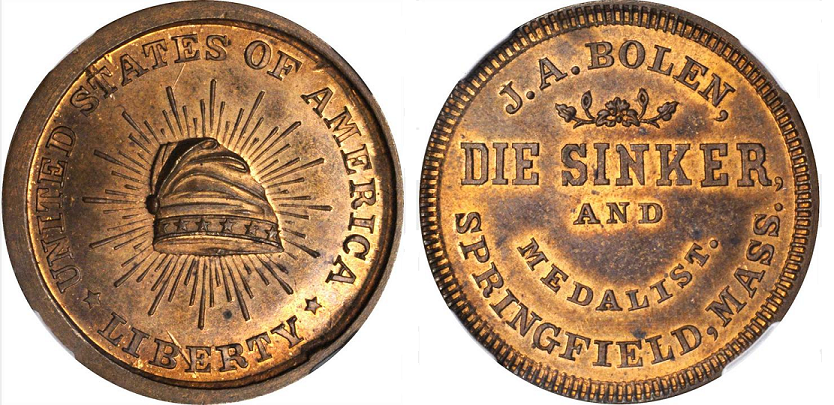 MULE JAB M/E-10  J.A. BOLEN DIESINKER / LIBERTY CAP - Copper
28mm - Unknown number struck by Edwards

This piece consists of the reverse of JAB-5 muled with the reverse of JAB-9. The Die Sinker die was cut in 1862. The Liberty Cap die in 1864. Both dies are currently in the ANS collection. 

A NGC-64 piece sold for $2585 in the Stacks 6/17 auction, lot 9094.  The piece pictured, graded NGC-65RB, was acquired in the Stacks-Bowers February 2019 sale for $1140, lot 52.
