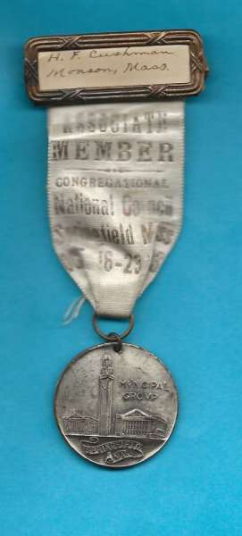 1923 CONGREGATIONAL NATIONAL COUNCIL BADGE
Badge employes the 35mm White Medal Springfield Municipal Buildings medal.
