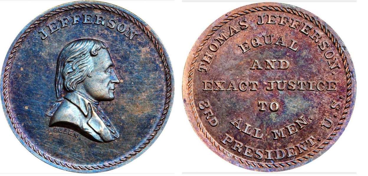 JAB-26 JEFFERSON MEDAL COPPER #2
25mm - 14 Struck

The example pictured is Bolen's personal example and is edge marked with a letter "B",  It was acquired in the November 2021 Stacks Bowers sale,
