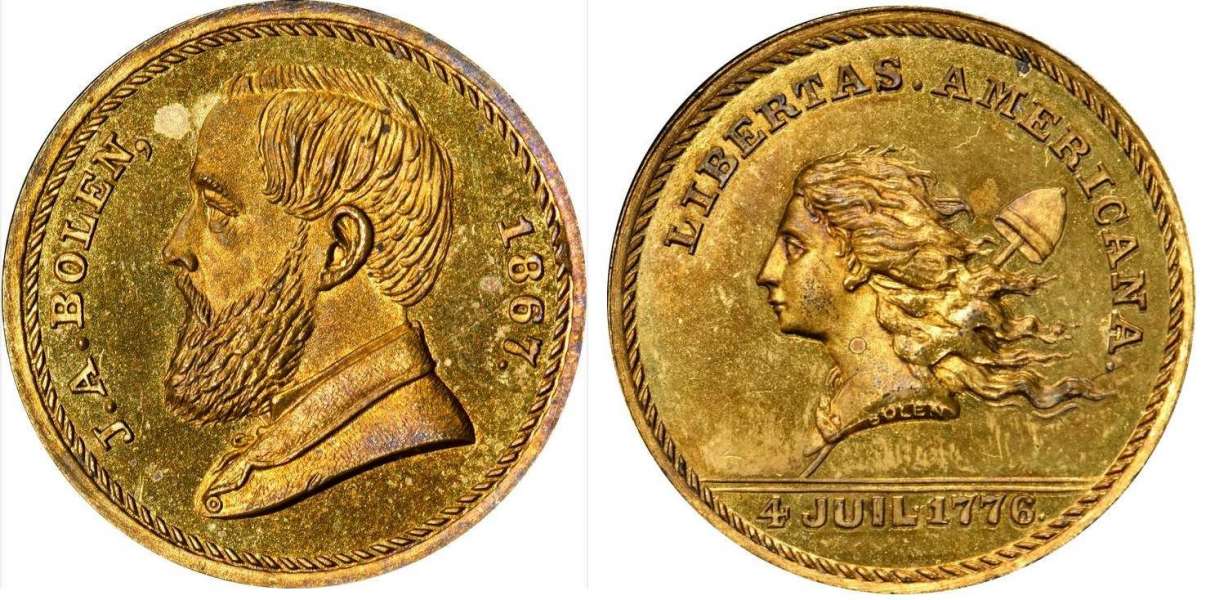 JAB-30 BOLEN STORECARD / LIBERTAS AMERICA MEDAL BRASS
25mm - Reportedly only One Struck


Both dies were engraved in 1867. The obverse die was sold to Kline, to Chapman, and is currently in the ANS collection. The reverse die was destroyed by Bolen.

According to the Musante reference, there is a Brass example in the Massachusetts Historical Society collection. Another example was sold by Presidential Coin and Antique in 1990 and later resold in an August 2015 Hayden auction. It was a raw example listed as MS-62 and realized $3300, lot 619. I also have a record that Steve Tannenbaum had a NGC-64 graded example for sale in 2010. The example pictured is Bolen's personal copy and is edge lettered "B - 1 in Brass".  It was acquired in the November 2021 Stacks Bowers sale.

Potential buyers should be aware that the JAB-30 piece in Brass is not unique, with at least five different examples known.


