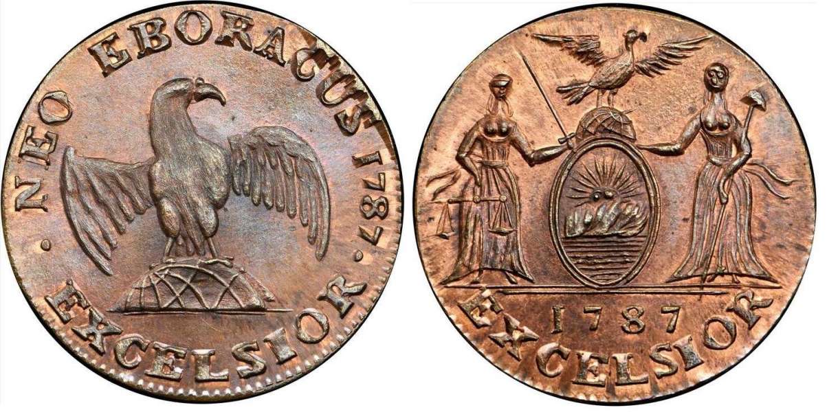 Mule JAB M-12 EAGLE ON GLOBE / ARMS OF NEW YORK Copper
27mm - 5 Struck

This mule is one of the varieties struck by Bolen. It consists of the reverse of JAB-36 muled with the reverse of JAB-37. Both dies were cut in 1869. They were defaced and given to the Boston Numismatic Society. They are currently unaccounted for.

The example pictured is Bolen's personal copy.  It is edge marked "B 5 STRUCK" and was acquired in the November 2021 Stacks Bowers sale.
