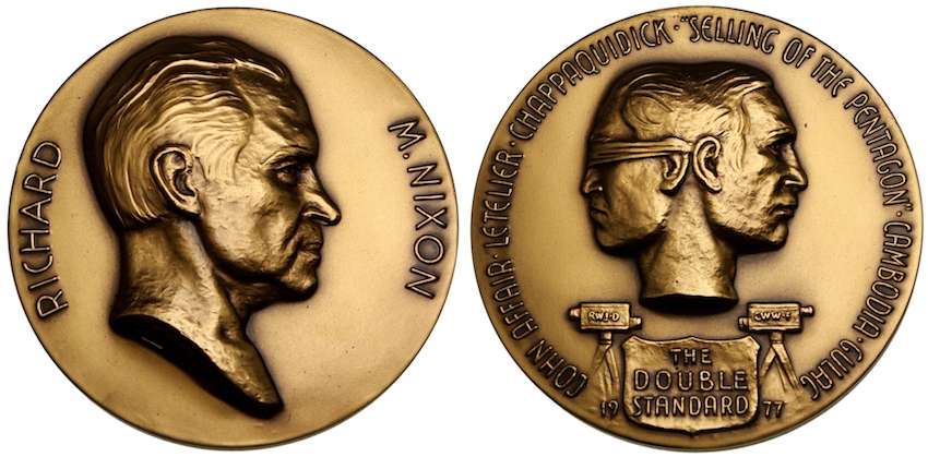 UNITED STATES. Bronze Medal. Struck 1977. R. W. Julian's Satirical Series: The Double Standard of the Liberal Media
UNITED STATES. Bronze Medal. Struck 1977. R. W. Julian's Satirical Series: The Double Standard of the Liberal Media (63mm, 148.89 g, 12h). By W. Williams. RICHARD M NIXON, bare head right, with features of "immense distress" / COHN AFFAIR | LЄTЄLIЄR | CHAPPAQUIDICK | "SЄLLING OF THЄ PЄNTAGON" | CAMBODIA | GULAG, janiform head of the Media, with a blindfold to the "left" and eyes open to the "right;" below, two inward-facing movie cameras flanking shield inscribed THE / DOUBLE / STANDARD in three lines. RWJ 77. Choice Mint State. As issued, the first in R. W. Julian's series. Mintage of just 1,340 pieces.

Part of a brief series of five satirical medals with themes that, in the opinion of this cataloger, run to the right side of the political aisle. Designed with highly nuanced iconography and an eye toward classical motifs, this series is unparalleled in modern American numismatics and should appeal to everyone, no matter their personal ideologies.
Keywords: satire nixon media