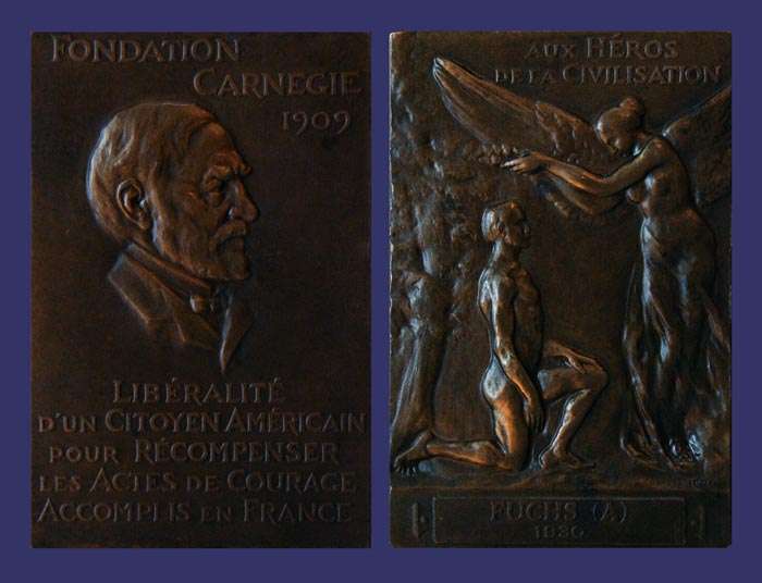 Carnegie Foundation Heros of Civilization Award, 1909
[b]From the collection of John Birks[/b]

Awarded to A. Fuchs in 1930
Keywords: Dejean